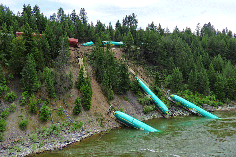 Boeing 737 Fuselages on Embankment and in Clark Fork River Following July 2014 BNSF Train Derailment