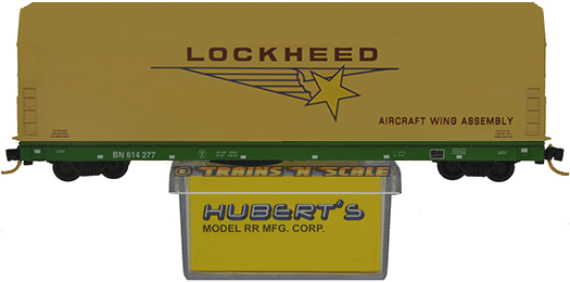 Huberts N-Scale Skybox Car with Burlington Northern Flatcar BN 614277 and "Lockheed Aircraft Wing Assembly" Hood