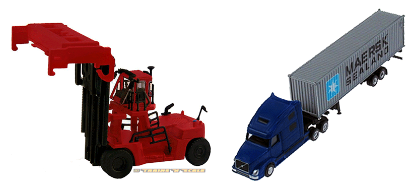Kato 31-631 Container Handler and 31-617 Volvo Tractor, Container Chassis, and 40 Foot Maersk Container