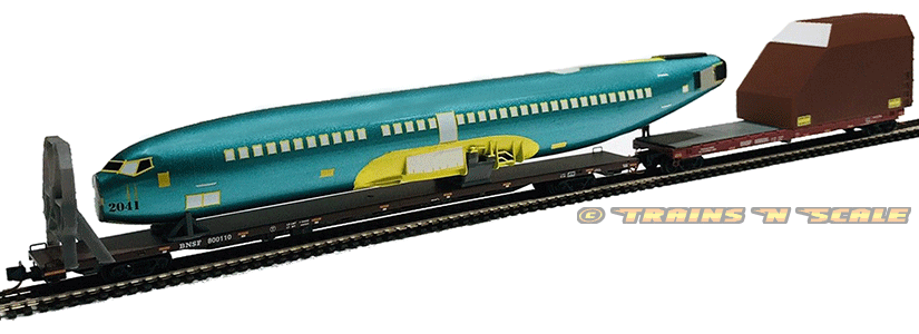 Assembled Micro-Trains BNSF Fuselage Transportation Set with Modified Idler Flat Deck and Added Decals