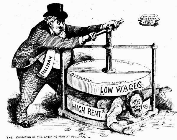 Political Cartoon Depicting Pullman Squeezing His Workers with Low Wages and High Rent