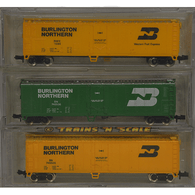 Aksarben 4002 Burlington Northern Special Run Atlas 50' Mechanical Reefer Cars BNFE 1594, BN 748536, and BN 745525