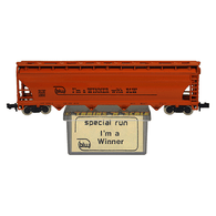 Brooklyn Locomotive Works I'm a Winner with BLW Aksarben Special Run Atlas ACF 4-Bay Centerflow Covered Hopper 1988 - Orange