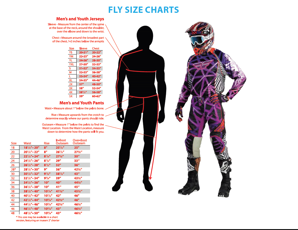 fly size chart motocross gear size chart